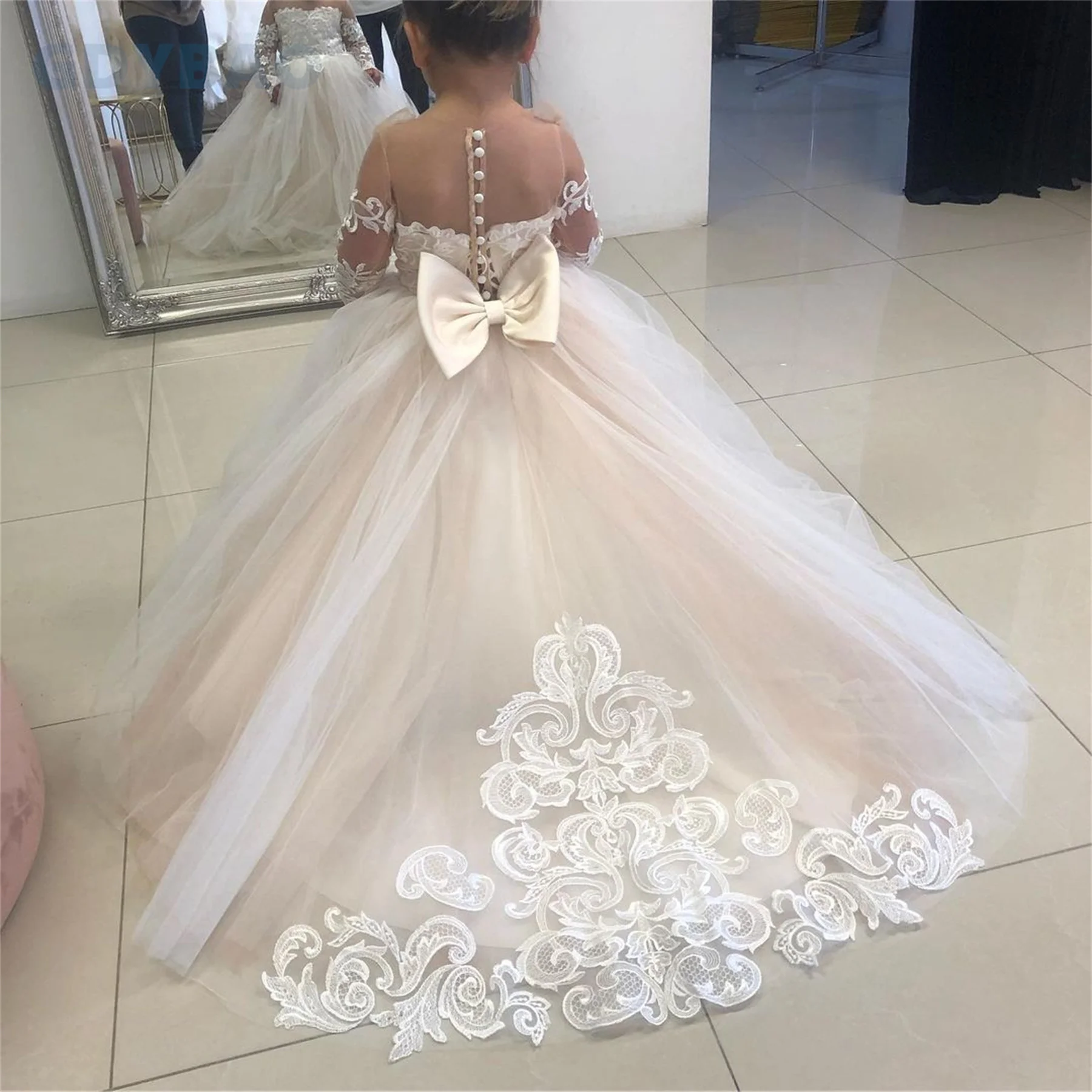 

Lace Long Sleeve White/ Ivory /Champagne Flower Girl Dresses Wedding Kids Party Birthday Ball Gown First Kids Communion Pageant