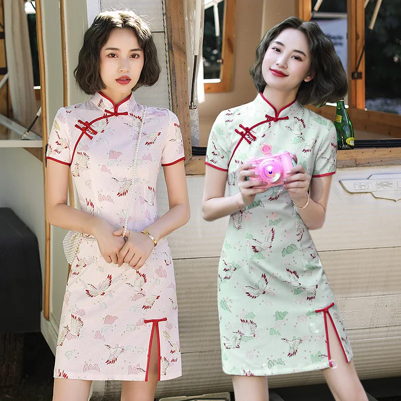 

Summer Qipao Chinese Crane Design Short Sleeve Girl Dress Chirpaur