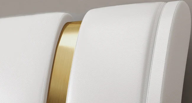 Description Picture 4 of itemModern Faux Leather Upholstered Platform Bed Frame with Golden Iron Metal Decor, Adjustable Curved Headboard, Queen White-golden