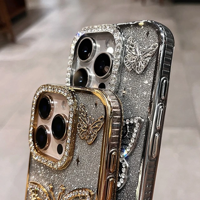 حافظة هاتف على شكل فراشة ماسية للنساء والفتيات لهاتف آيفون 16 11 12 13 14 15 Pro Max 16 Plus غطاء سيليكون ناعم مطلي شفاف