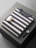 CHICUU Autumn Winter Men's O-neck Striped Wool Pullover Basic Casual Long Sleeve Cashmere Sweater 100% Merino Wool Knitwear Tops 2