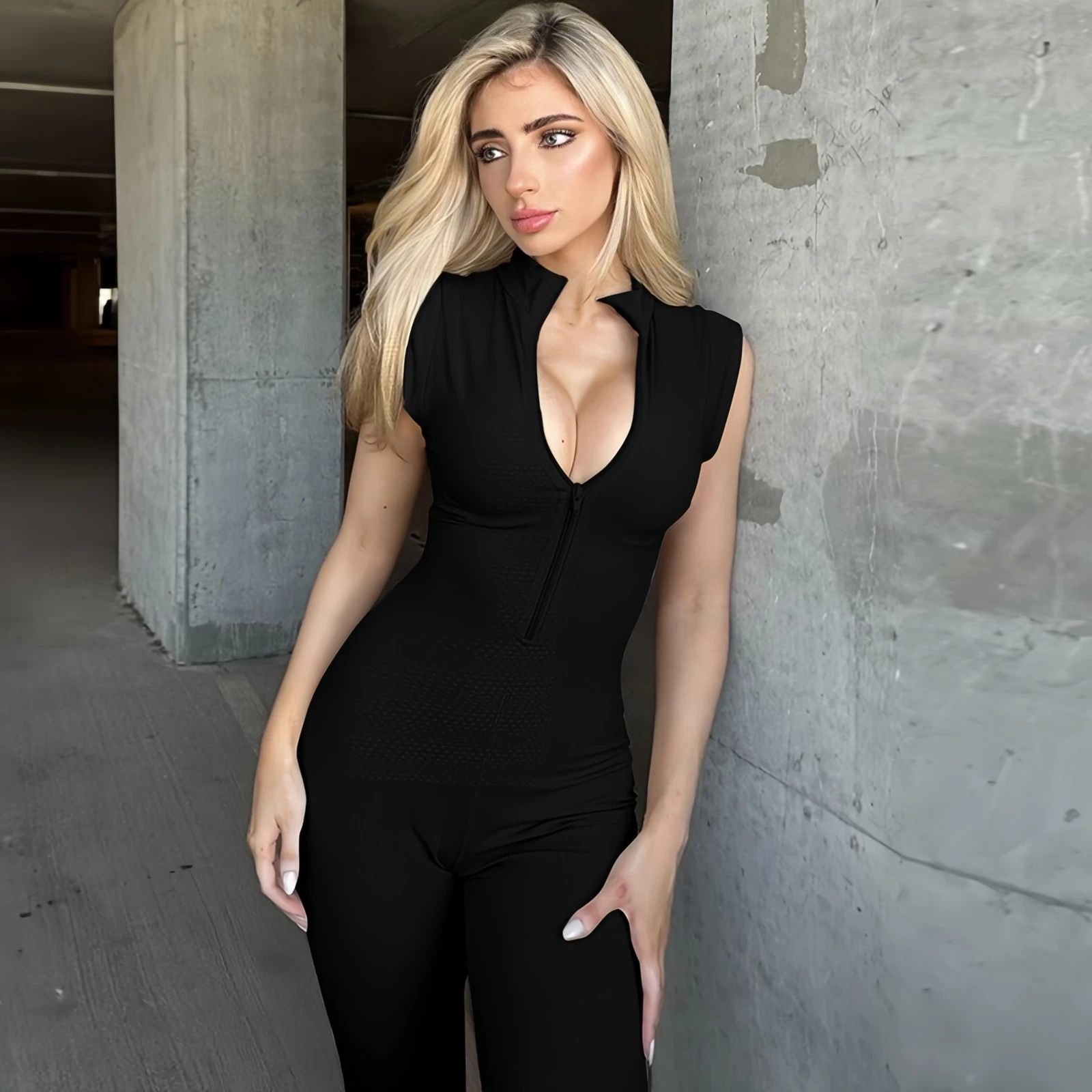 Women's Sleeveless Round Neck Bodysuit, Chest Zipper, Monochromatic Slim Fit Hip Lifting Sport Jumpsuits Sexy New Fashion