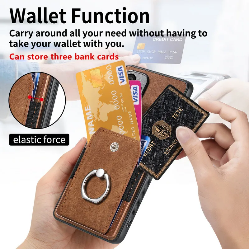 Luxury Leather Card Ring Magnet Back Case - Premium 5G Smart Cover