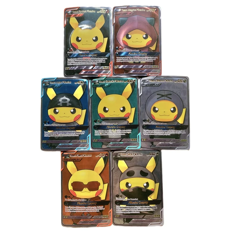 

7pcs/set Pokemon Animation Characters Pikachu Cross-dressing Villain Laser Stamping Flash Card Classics Anime Collection Cards