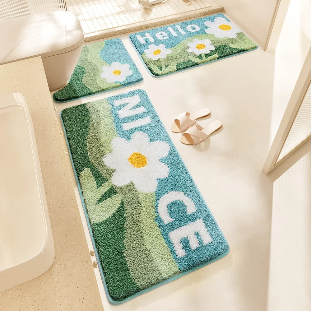 Hello Flower Bath Mat Set Thickened Flocked Bathroom Carpet Toilet Foot Mat Quickly Absorbs Water TPR Anti-slip Rug Floor Mats