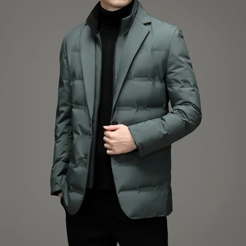 Down Jacket Mens Jacket Men's Winter Fake Two-Piece Warm Blazer Business Leisure Warm Stand-up Collar Jacket