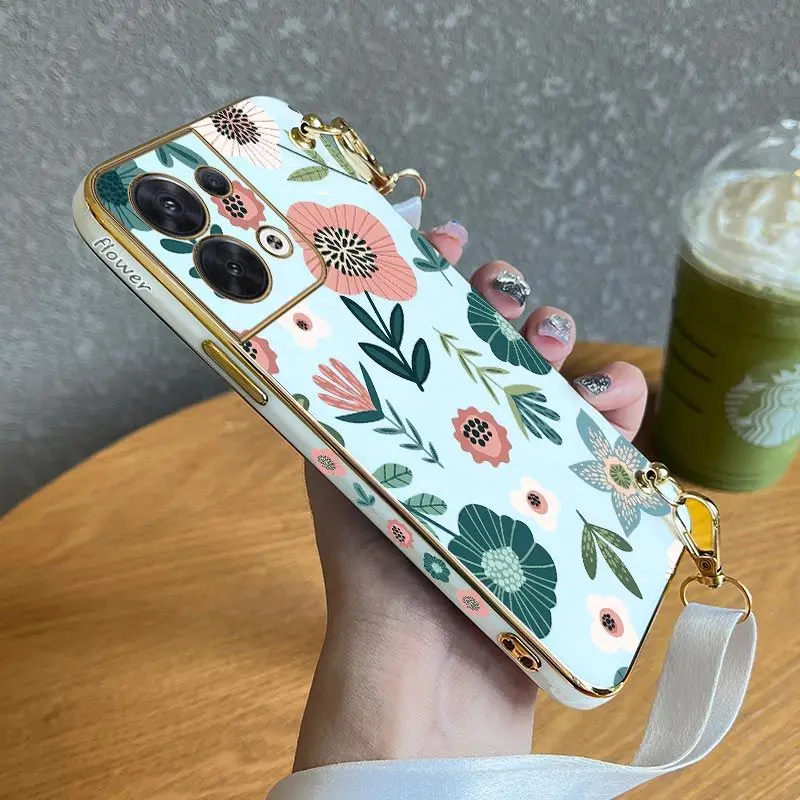 

Gorgeous Flowers Lanyard Plating Phone Case For OPPO Reno 7 Lite 7Z 6 6Z 6 ProPlus 5 Lite 5F 8 8T 8 Pro 7 4 Lite 4F 3 Pro Cover