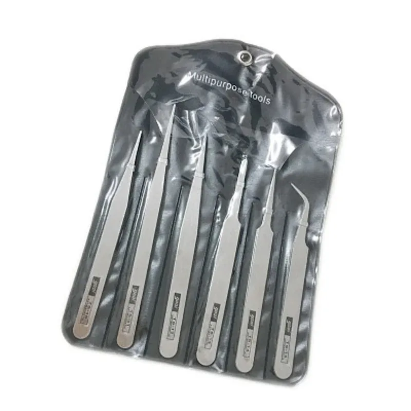 6Pcs Stainless Steel Precision Tweezers Set Industrial Grade Bent & Straight