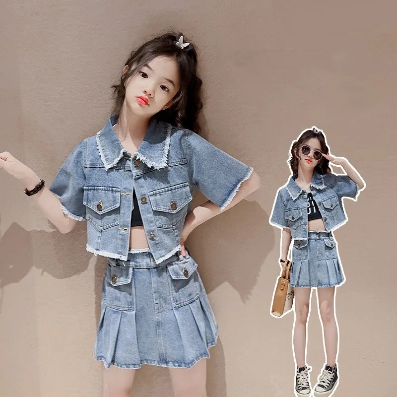 

Teen Girls Denim Set Raw Hem Short Denim Shirt+Pleated Skirt 2pcs Kids Girls Clothes Set Children outfit vetement enfant fille