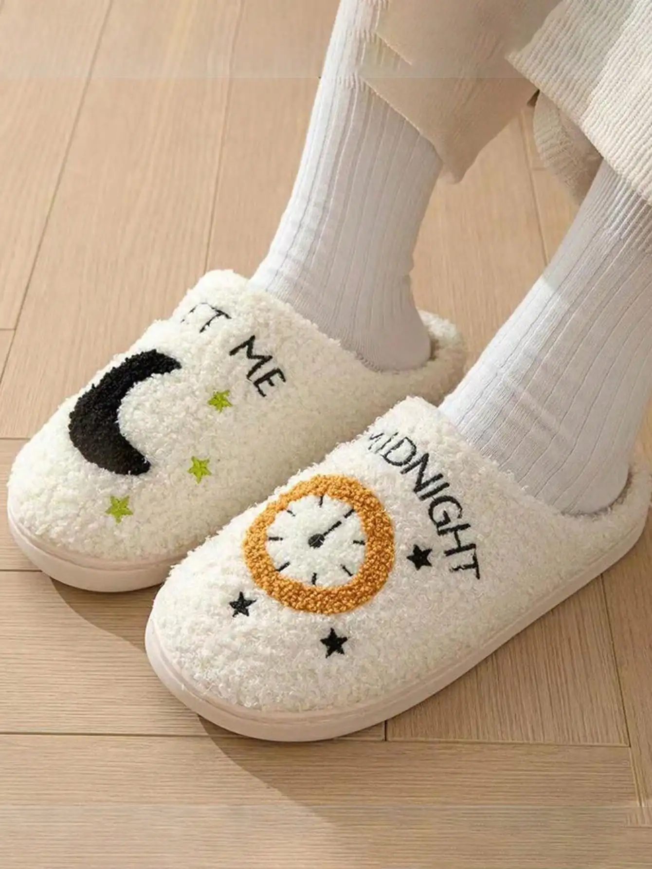 Fashion Trendy Moon Clock Winter Slippers for Women, Comfortable Daily Anti-Slip Indoor Home Fleece Plush Warm Slides 3