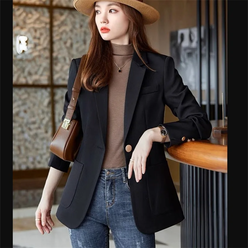 Notched Blazer Jackets Femme Fashion Casual Women's Blazers Spring Autumn Lady Office Work Suit Top One Button Black Coat Women