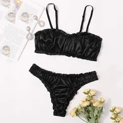 2022 New Fashion Ladies Sexy Solid Color Lingerie Satin Lace Frilled Sling Babydoll Bra Set Biustonosz hot sale