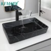 KEMAIDI Black Vanity Sink Rectangle Marble Bathroom Vessel Sink Above Counter Sinks for Bathrooms Porcelain Lavatory Faucet Set 1