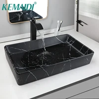 KEMAIDI Black Vanity Sink Rectangle Marble Bathroom Vessel Sink Above Counter Sinks for Bathrooms Porcelain Lavatory Faucet Set 1