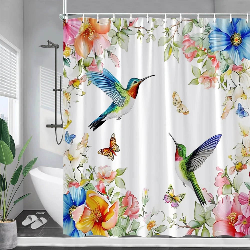 

Hummingbird Floral Shower Curtain Butterfly Spring Watercolour Flowers Plant Bath Curtains Modern Minimalist Bathroom Decor Set