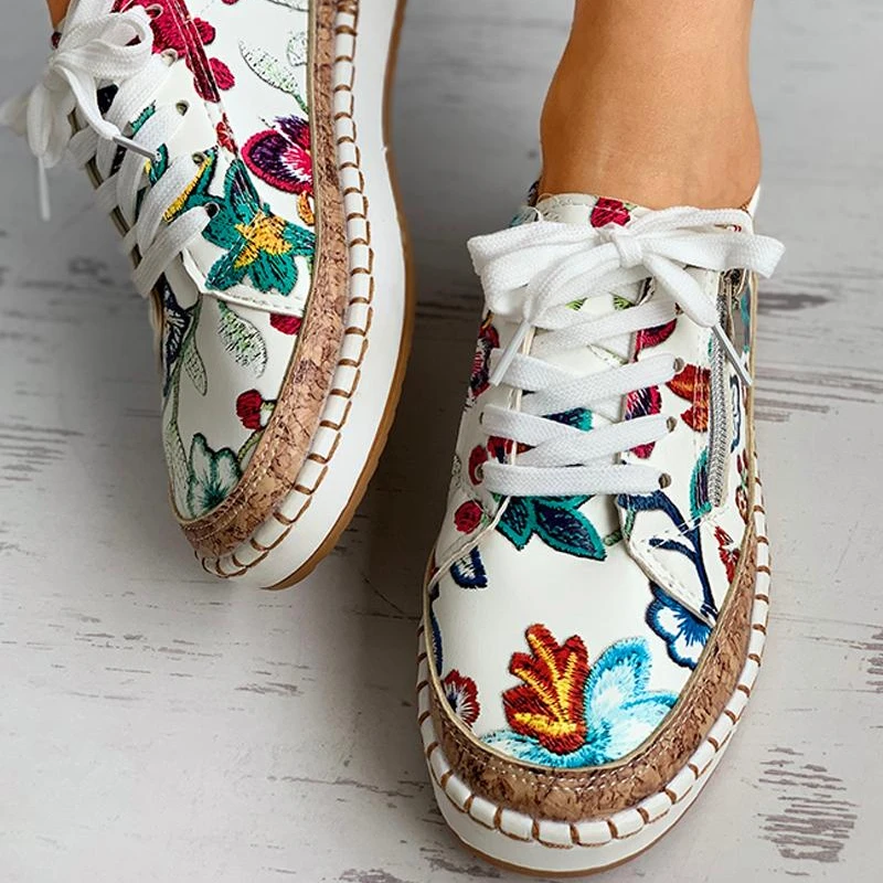 Women Sneakers Elegant Floral Printed Lace Up Female Flat Shoes Fashion Round Toe Lady Vulcanized Shoes Femme Casual Shoes 3