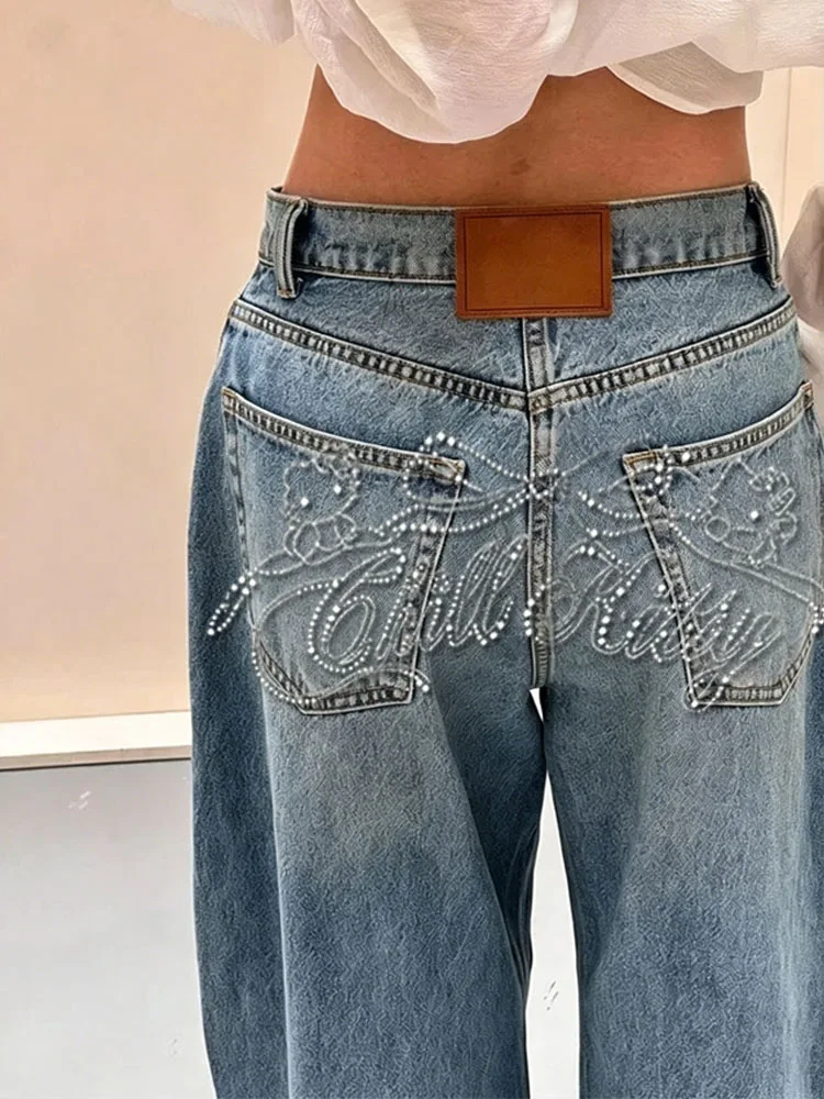 2025 Blue Jeans Women's Y2K Retro Jeans Back Flash Diamond Bent Knife Pants Niche High End Classic Letter Hot Stamping 6