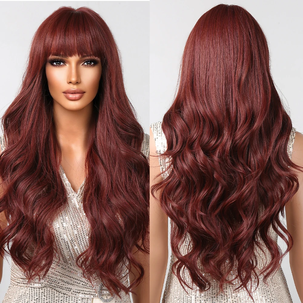 

Wine Red Long Wave Synthetic Wigs with Bangs Burgundy Wavy Hairs Wig for Black Women Natural Daily Cosplay Heat Resistant Fiber