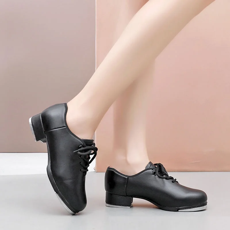 Elastic Opening Straight Sole Tap Dance Shoes Women Black Imitation Leather Sneakers Step Dance Shoes Children Large Size