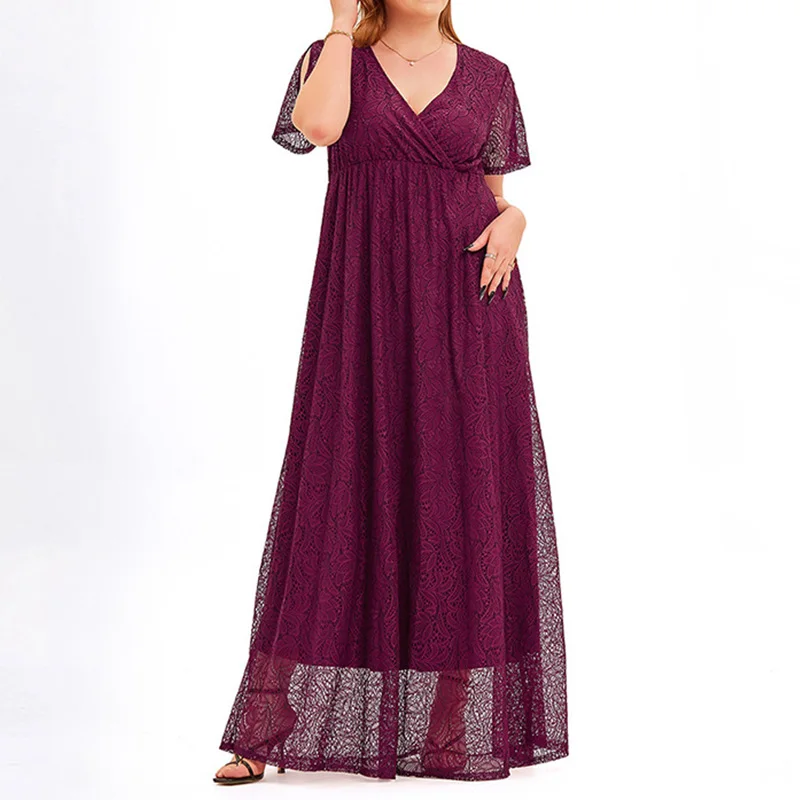 Elegant V-Neck Lace 3/4 Sleeve Loose Robe Lady Summer Evening Party Hook Flower Hollow Wine Red Plus Size Maxi Dresses for Women