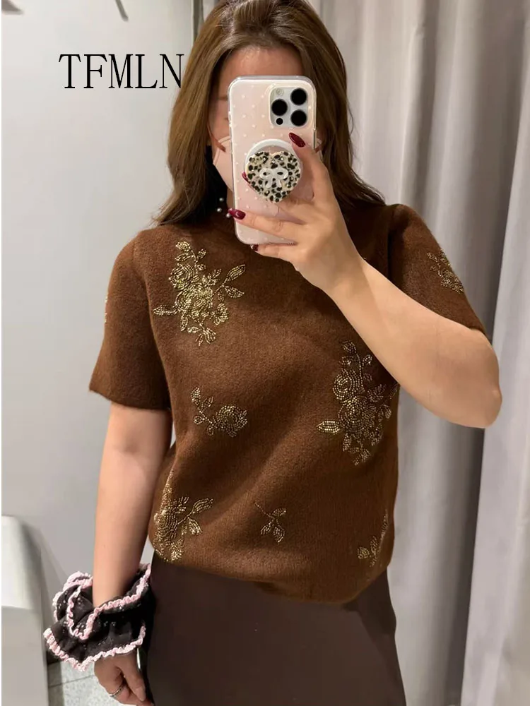 2026 New Women Beading Short Sleeved Knitted Sweater Sweet Girls O-neck Soft Chic Causal Pullover Top Retro Street Knitwear