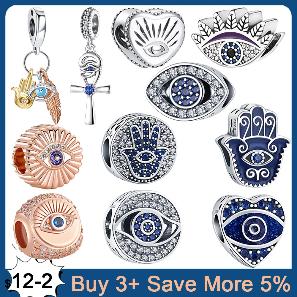 

New 925 Sterling Silver Charms Fatima Hamsa Hand Blue All-seeing Eye Beads Fit Original Charm Bracelet Jewelry Making DIY Gift