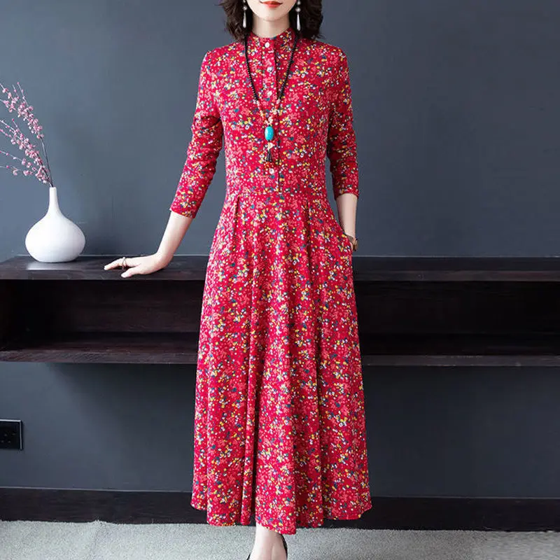 

Autumn Women's Clothing Elegant O-Neck Red Fragmented Flower High Elastic Waist Button Pockets Long Sleeve Middle Length Dress