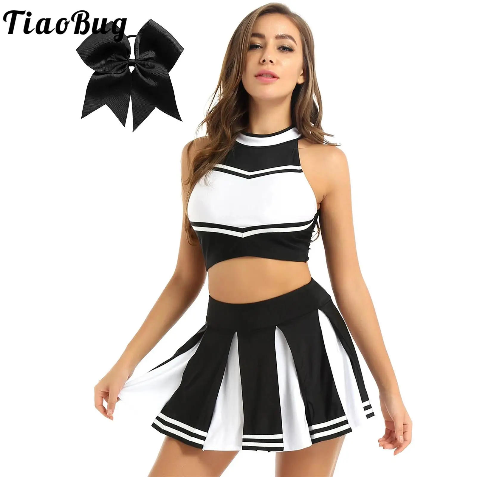 

Women Sexy Cheerleading Costumes Uniform Cheerleader Dance Outfits Sleeveless Crop Top Mini Pleated Skirts and Bowknot Headwear