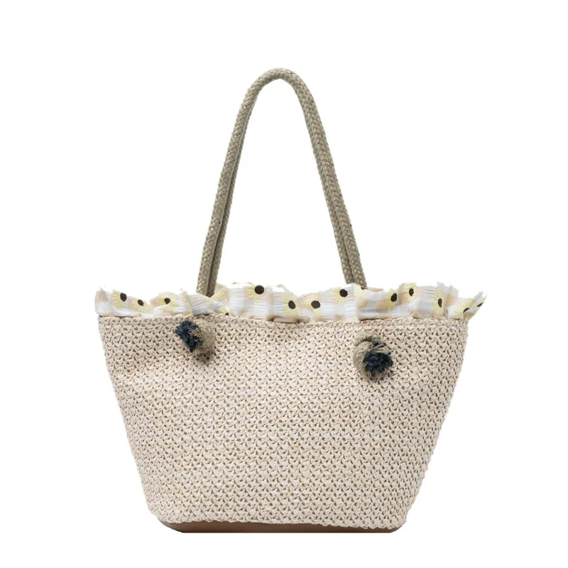 Women Straw Bags 2022 Summer New Pastoral Woven Shoulder Bag Simple Large Capacity Portable Lace Beach Bag