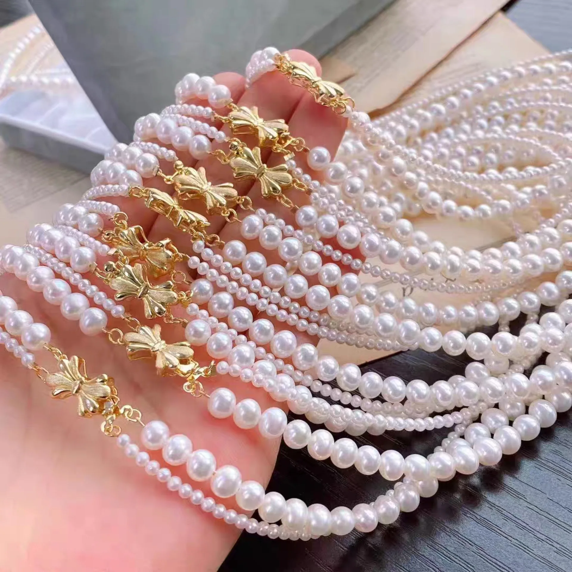 

2 ряда 18 дюймов великолепное AAAA + 5-6 мм 9-10 мм Натуральное белое Жемчужное Ожерелье Akoya