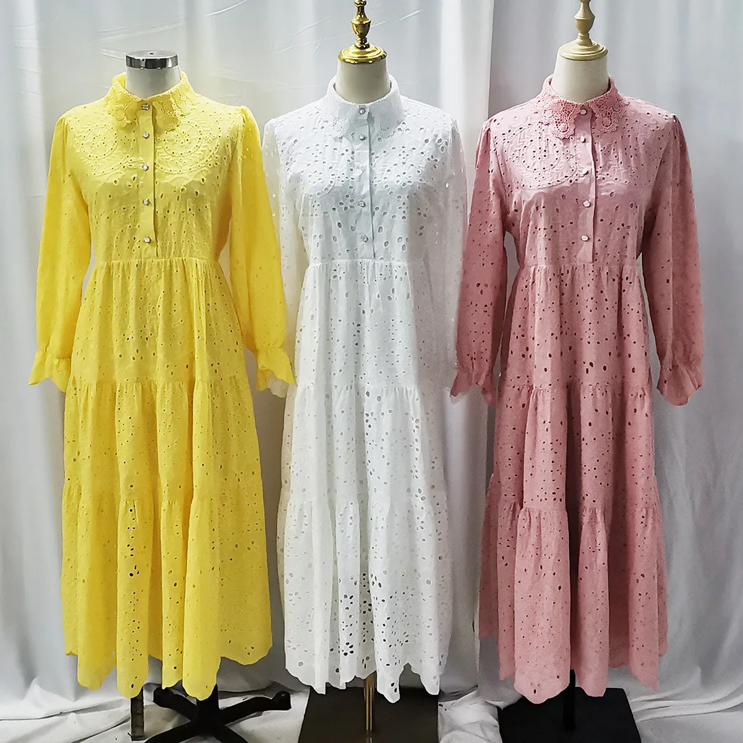 Long Dresses With Sleeves Islamic Southeast Asian Indonesian Women's Clothing Embroidery Hollow Lace Dress Ensembles Musulmans