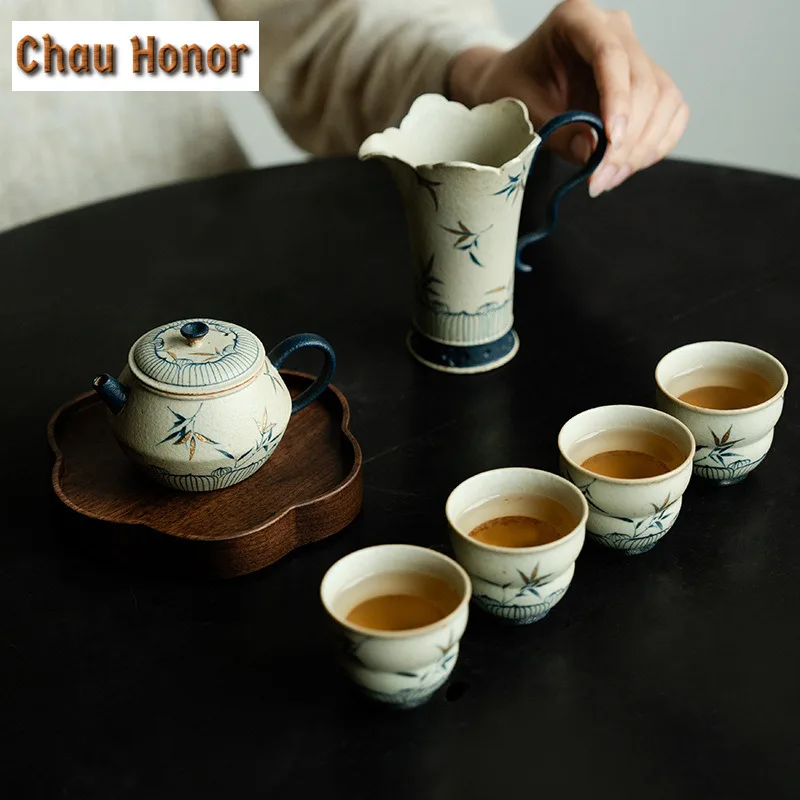 Blue And White Flint Red Teapot Aesthetic Gold Drawing Bamboo Tea Infuser Pot Gaiwan Tea Making Kettle With Filter Tea Ceremony