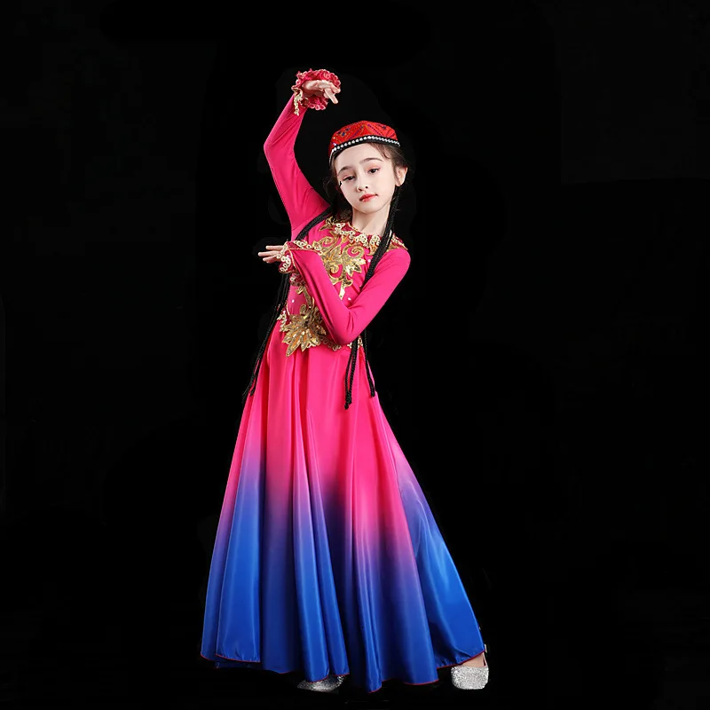 

Children Xinjiang Dance Performance Clothing Chinese Ethnic Dancing Dress Traditional Practice Clothes Yangko Folk Dance Costume