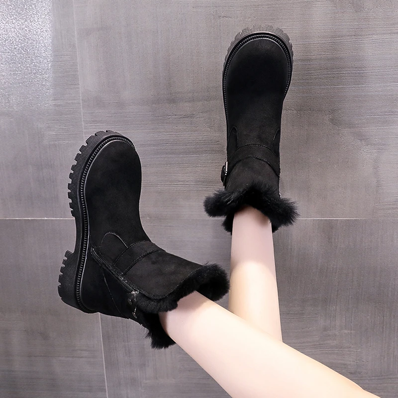 Aphixta Black Furry Modern Boots Buckle Design Ankle Boots Side Zipper Women Winter Boot 5cm Square Heel botas mujer botines
