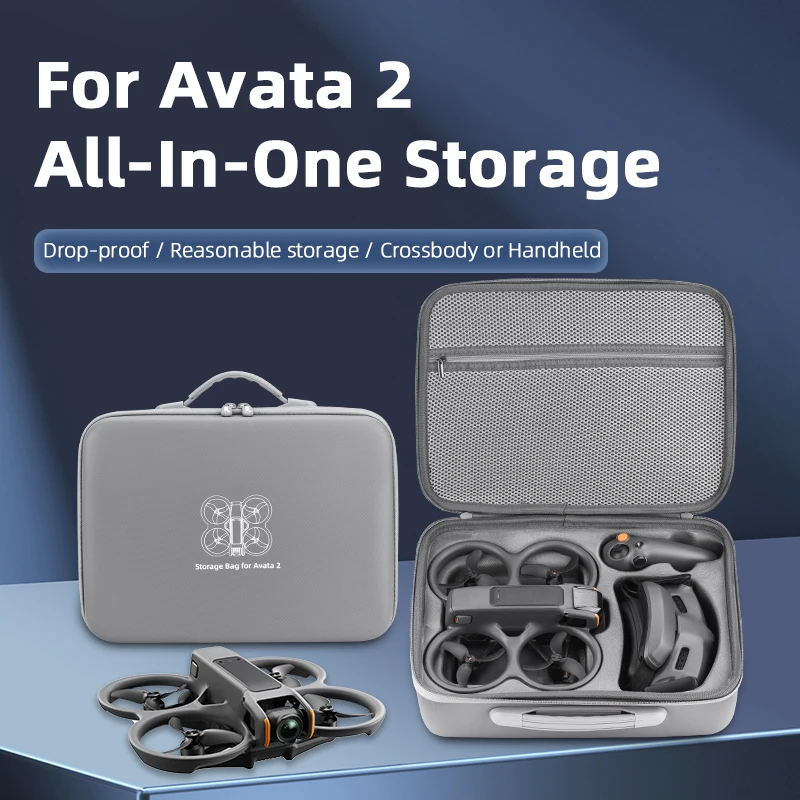 Étui bandoulière DJI Avata 2 ouvert montrant les compartiments pour drone, manette et batteries