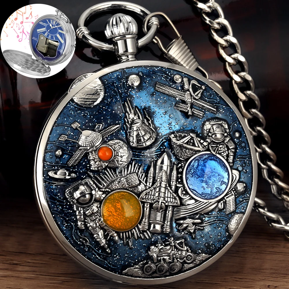 

Space Theme Music Pocket Watch Original Men Quartz Chain Clock Women Music Necklace Watches Unique Couples Collectibles Gift