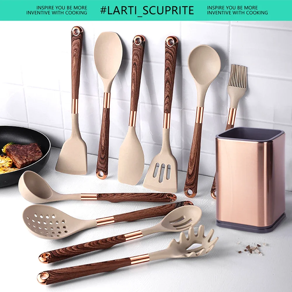 Kitchen Utensils Silicone Kitchen Utensils Set Rose Gold Plated Handle Cooking Tool Non-stick Heat Resistant Kitchenware Accessories