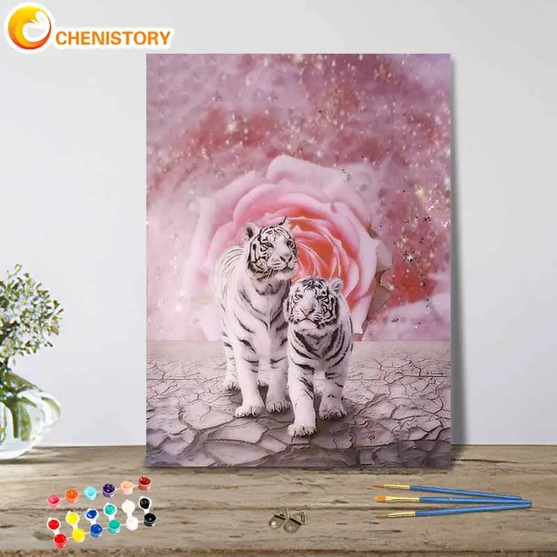 

CHENISTORY Paint By Number White Tiger Animal Drawing On Canvas Gift Diy Pictures By Numbers Pink Rose Kits Handicraft Home Deco