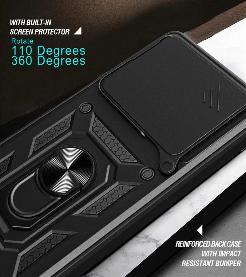 Shockproof Ring Stand Phone Cover with Lens Protection and Magnetic Car Mount Holder