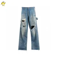 High Street New Saint Jeans Pants Men Woman 1:1 Casual Washed Hole Old Loose Blue Trousers Graffiti Vintage Best Quality 1