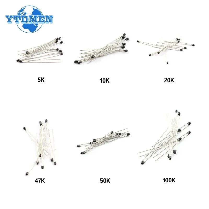 100pcs 10values NTC-MF52AT NTC Thermistor MF52 Thermal Resistor Kit 1K 2K 3K 4.7K 5K 10K 20K 47K 50K 100K OHM 3590 5%