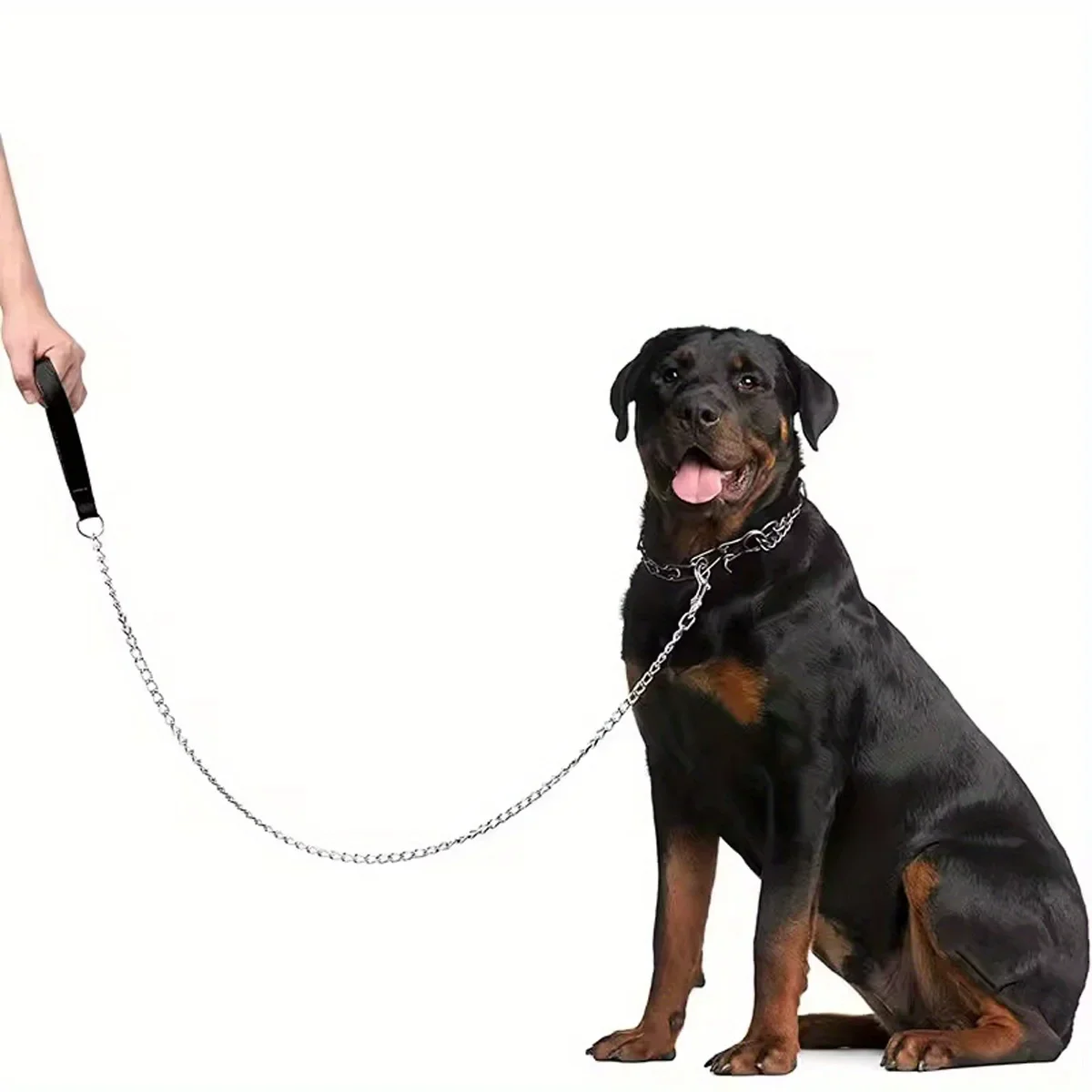 Heavy-Duty Dog Chain Leash 120cm Leather Handle Ideal for Large Breeds
