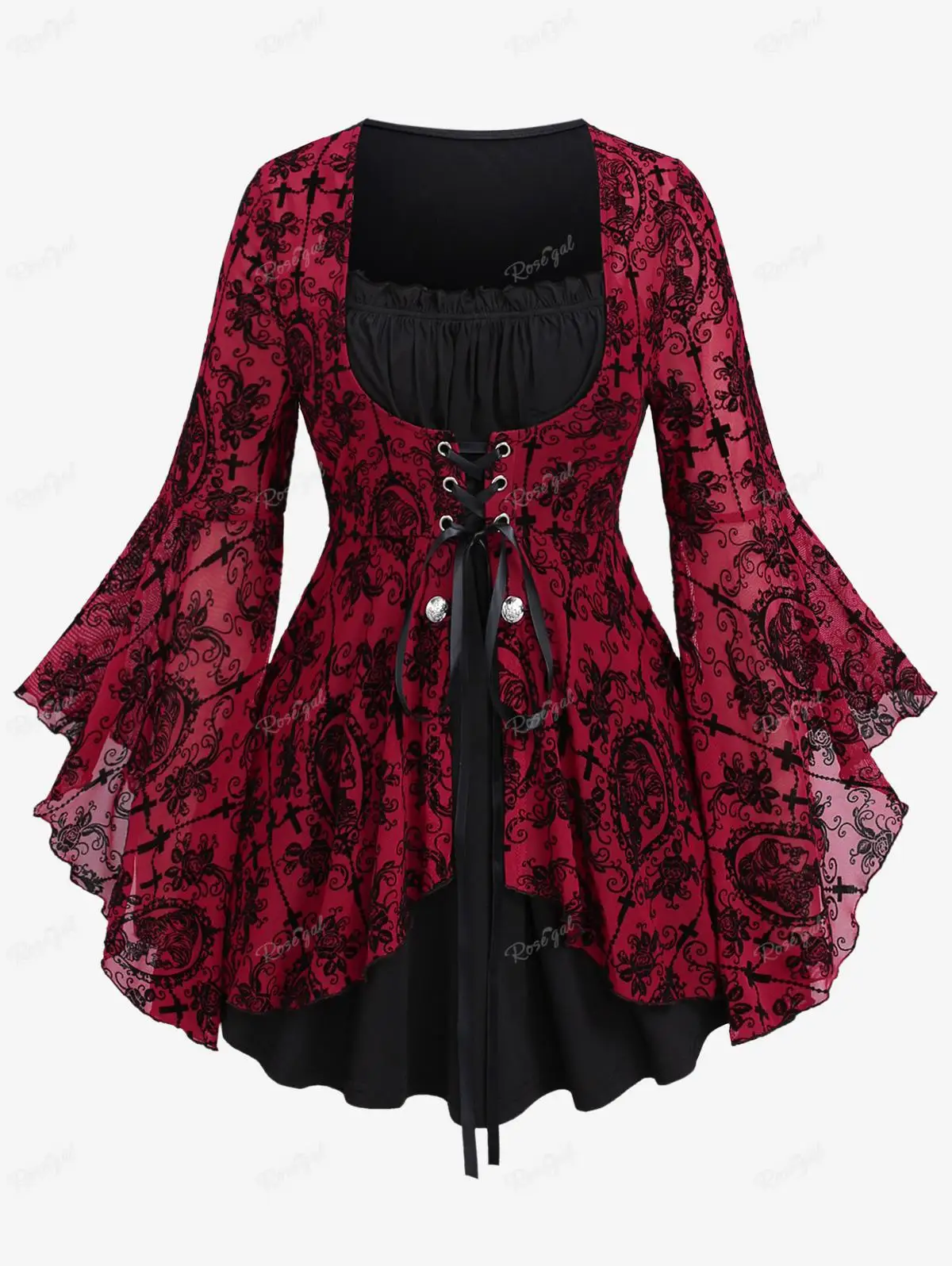 

ROSEGAL Plus Size T-Shirts Gothic Flocking Cross Flower Pattern Mesh Panel Lace-up Top Women Autumn Winter Bell Sleeve Tees 5XL