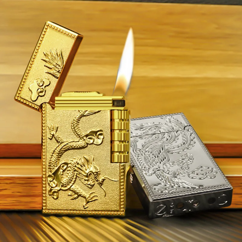 

Dragon Phoenix Pattern Side Grinding Wheel Lighter Oblique Fire Pipe Lighter Refilled Inflatable Lighter Smoking Accessories