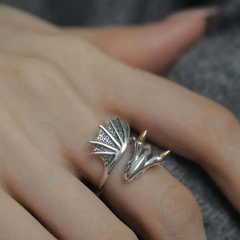 Flying Dragon Ring Retro Silver Adjustable Couple Jewellery_voghion.com
