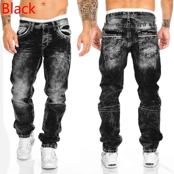 2024 Men Jeans Solid Pockets Stretch Denim Straight Pants Spring Summer Business Casual Trousers Daily Streetwear Men's Clothing 1