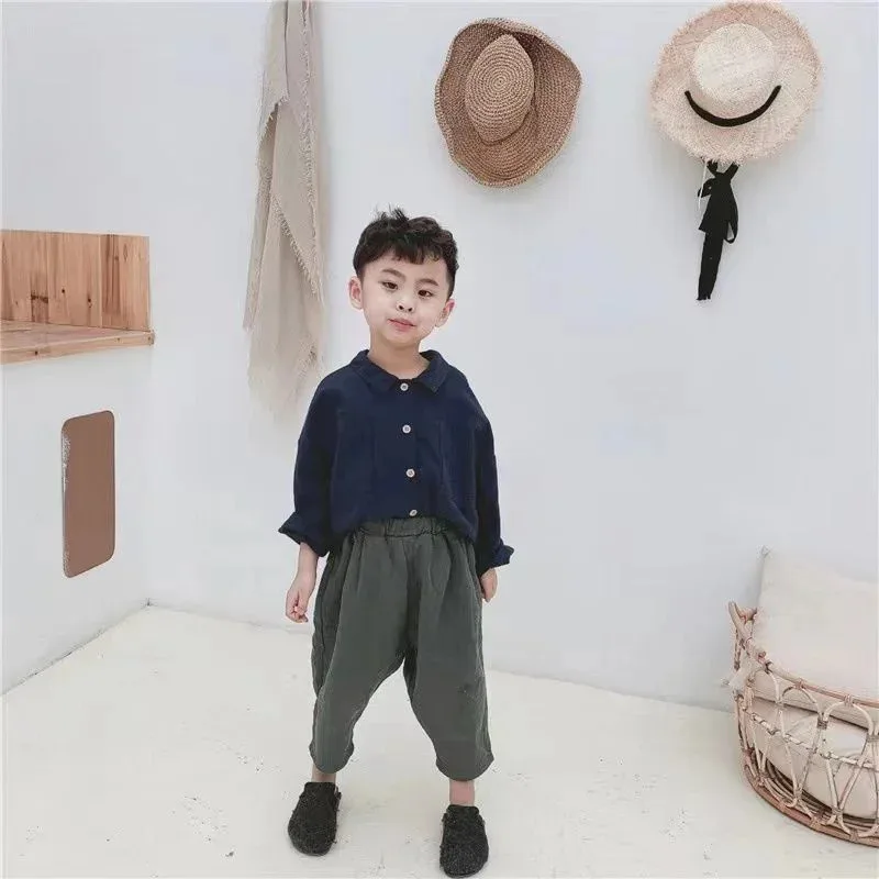 봄과 가을 소년 셔츠 일본 스타일 레트로 긴 소매 폴로 칼라 코튼 린넨 셔츠 어린이 베이비 탑 아우터 코트