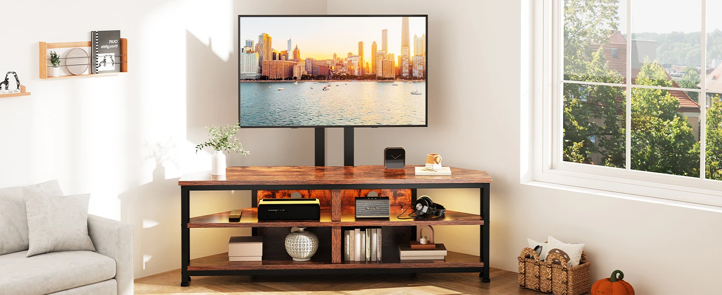 Wood and metal TV stand with open shelving, holding a large flat-screen TV displaying a cityscape. Stand features multiple levels for media devices and decor.