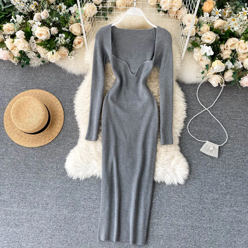 未使用　L'appartement Knit Long SK Hip 2025 Autumn Winter Square Knitting Dress Bodycon Slim