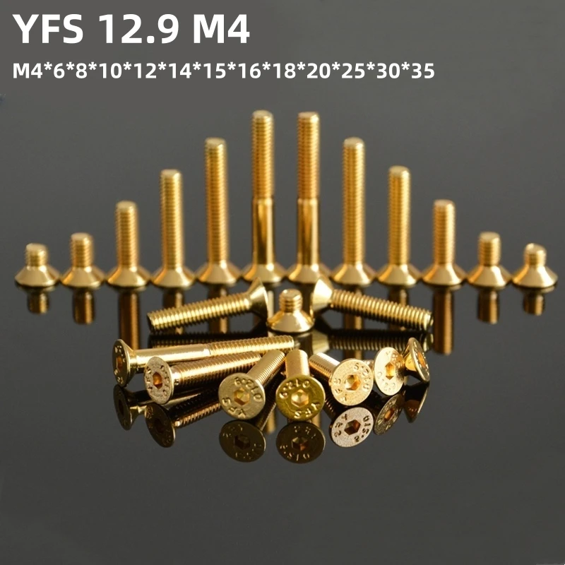 

100PCS YFS M4 Countersunk Hexagon Socket Head Screw M4*6*8*10*12*14*15*16*18*20*25*30*35mm Grade12.9 Titanium Gold Plating Screw